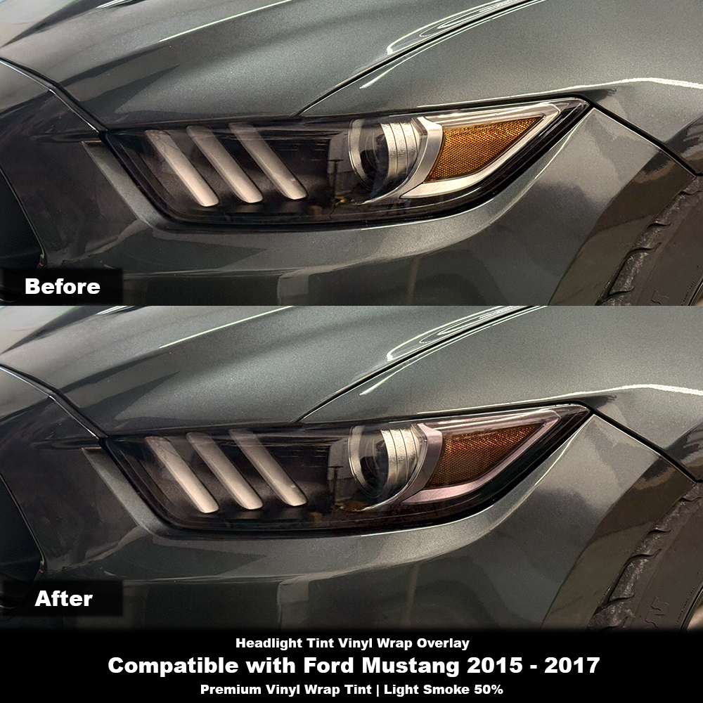 Crux Motorsports Headlight Tint Vinyl Wrap Overlay - Light Smoke 50% | Compatible with Ford Mustang 2015 - 2017