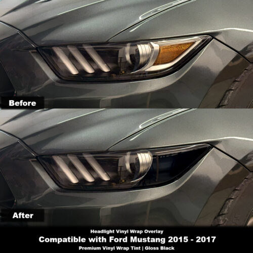 Crux Motorsports Headlight Tint Vinyl Wrap Overlay - Gloss Black | Compatible with Ford Mustang 2015 - 2017